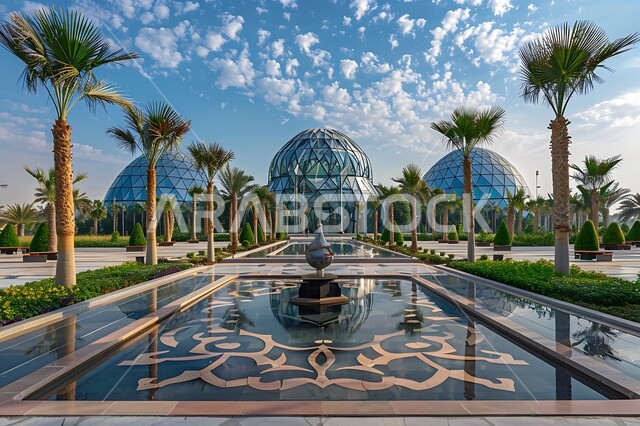 نداء المسلمين لأداء الفرائض والصلوات والتقرب إلى الله، الفن الهندسي المعماري على الطراز الاسلامي لقبب ومآذن المساجد في المملكة العربية السعودية, الديكورات والتصاميم المتميزة لنافورة الماء، المعالم الدينية المقدسة, الاهتمام بالتشجير وزراعة النباتات الخضراء