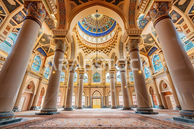 Elegant interior designs and decorations of mosques in Saudi Arabia, the concept of worship and closeness to God Almighty, engravings and decorations on the interior walls of domes, arches and columns, Islamic architectural art