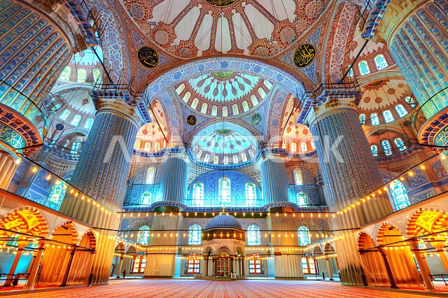 Elegant interior designs and decorations of mosques in Saudi Arabia, the concept of worship and closeness to God Almighty, engravings and decorations on the interior walls of domes, arches and columns, Islamic architectural art