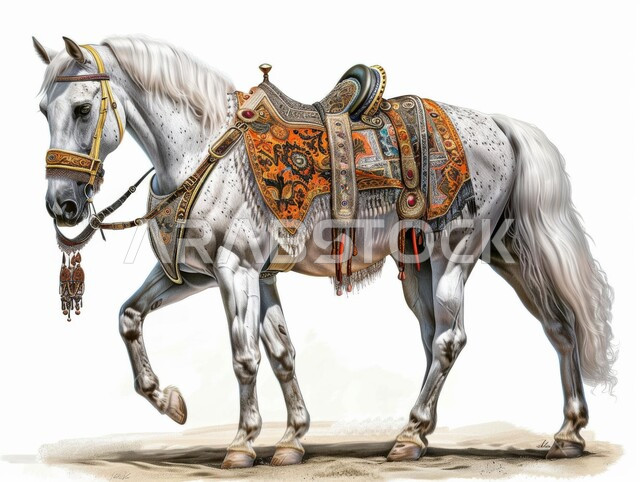 مراكز للاهتمام بالجياد وتحسين صفاتها, رسم ثلاثي الأبعاد لخيل عربي أصيل أبيض اللون, مزرعة لتربية وتدريب الخيول بالمملكة العربية السعودية, إسطبل لرعاية الأحصنة,  خلفية بيضاء