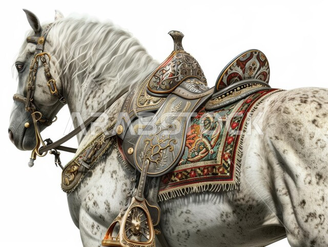 رسم ثلاثي الأبعاد لخيل عربي أصيل أبيض اللون، مزرعة لتربية وتدريب الخيول بالمملكة العربية السعودية، إسطبل لرعاية الأحصنة, مراكز للاهتمام بالجياد وتحسين صفاتها, خلفية بيضاء