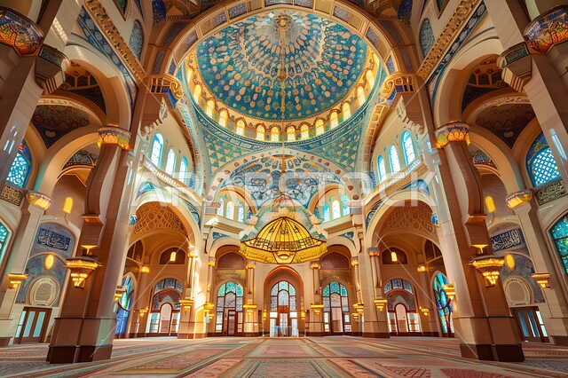 النقوش والزخارف على الجدران الداخلية للقبب والأقواس والأعمدة، التصاميم والديكورات الداخلية الأنيقة للمساجد في المملكة العربية السعودية، مفهوم العبادة والتقرب إلى الله تعالى، الفن الهندسي المعماري على الطراز الإسلامي
