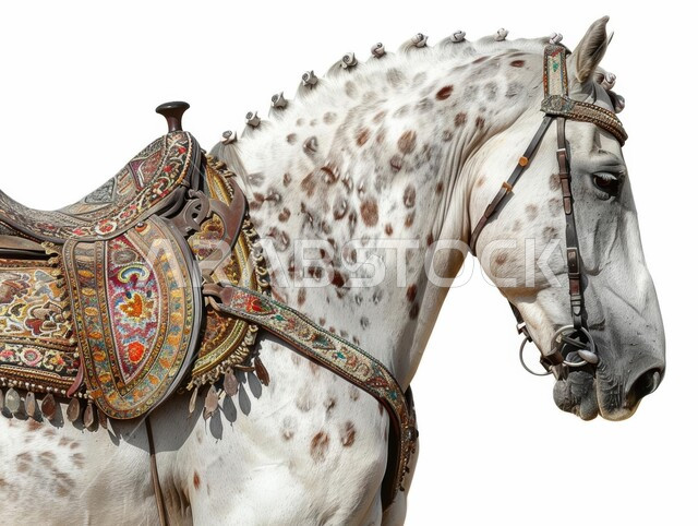مراكز للاهتمام بالجياد وتحسين صفاتها, رسم ثلاثي الأبعاد لخيل عربي أصيل أبيض اللون, مزرعة لتربية وتدريب الخيول بالمملكة العربية السعودية, إسطبل لرعاية الأحصنة, خلفية بيضاء