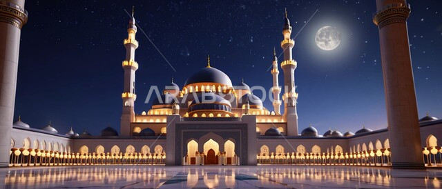 منظر القمر المضيء في السماء، المآذن والقبب المضيئة ليلا، نداء المسلمين لأداء الفرائض والصلوات والتقرب إلى الله، الفن الهندسي المعماري على الطراز الاسلامي لبناء المساجد في المملكة العربية السعودية, المعالم والأماكن الدينية المقدسة