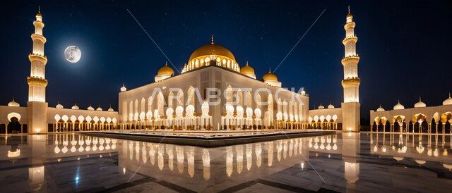 منظر القمر المضيء في السماء، المآذن والقبب المضيئة ليلا، نداء المسلمين لأداء الفرائض والصلوات والتقرب إلى الله، الفن الهندسي المعماري على الطراز الاسلامي لبناء المساجد في المملكة العربية السعودية, المعالم والأماكن الدينية المقدسة