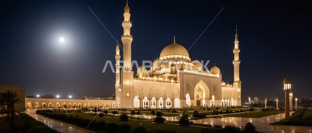 منظر القمر المضيء في السماء، المآذن والقبب المضيئة ليلا، نداء المسلمين لأداء الفرائض والصلوات والتقرب إلى الله، الفن الهندسي المعماري على الطراز الاسلامي لبناء المساجد في المملكة العربية السعودية, المعالم والأماكن الدينية المقدسة