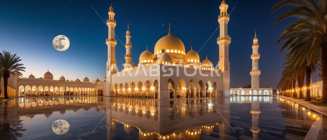 منظر القمر المضيء في السماء، المآذن والقبب المضيئة ليلا، نداء المسلمين لأداء الفرائض والصلوات والتقرب إلى الله، الفن الهندسي المعماري على الطراز الاسلامي لبناء المساجد في المملكة العربية السعودية, المعالم والأماكن الدينية المقدسة