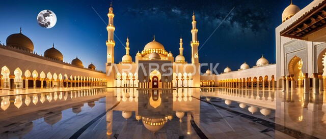 منظر القمر المضيء في السماء، المآذن والقبب المضيئة ليلا، نداء المسلمين لأداء الفرائض والصلوات والتقرب إلى الله، الفن الهندسي المعماري على الطراز الاسلامي لبناء المساجد في المملكة العربية السعودية, المعالم والأماكن الدينية المقدسة