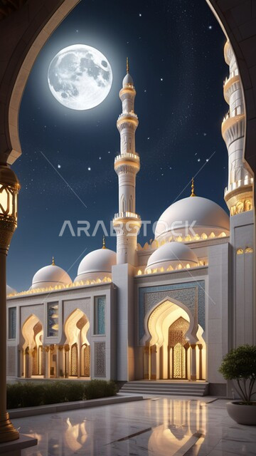 منظر القمر المضيء في السماء، المآذن والقبب المضيئة ليلا، نداء المسلمين لأداء الفرائض والصلوات والتقرب إلى الله، الفن الهندسي المعماري على الطراز الاسلامي لبناء المساجد في المملكة العربية السعودية, المعالم والأماكن الدينية المقدسة