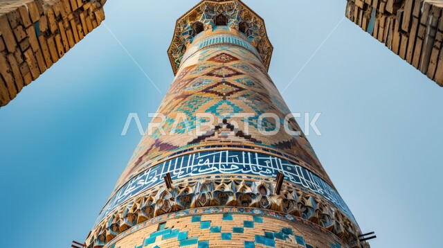 نداء المسلمين لأداء الصلوات والفرائض الدينية، الفن الهندسي المعماري على الطراز الإسلامي الحديث، صورة مقربة من الاسفل لمئذنة أحد المساجد المزخرفة وقت غروب الشمس في المملكة العربية السعودية، مفهوم العبادة والتقرب إلى الله