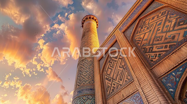 The call of Muslims to perform prayers and religious duties, architectural art in the modern Islamic style, a close-up picture from the bottom of the minaret of an ornate mosque at sunset in the Kingdom of Saudi Arabia, the concept of worship and getting closer to God