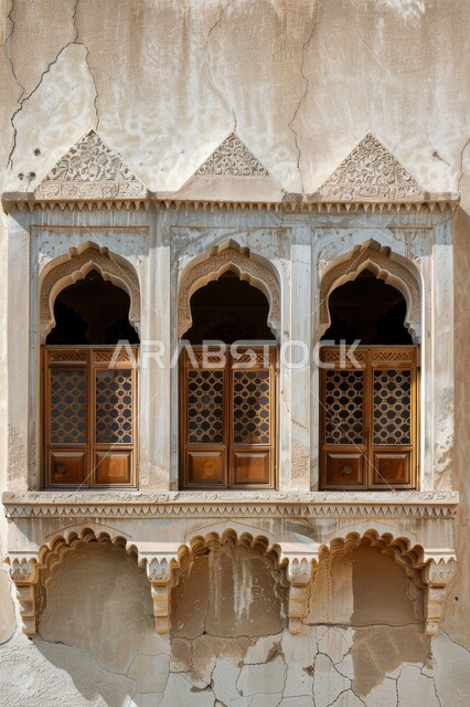 الفن الهندسي المعماري غلى الطراز الاسلامي للمنازل الطينية القديمة في إحدى القرى والأحياء السكنية الشعبية في المملكة العربية السعودية, صورة مقربة للنوافذ الخشبية المنحوتة بالنقوش والزخارف التراثية