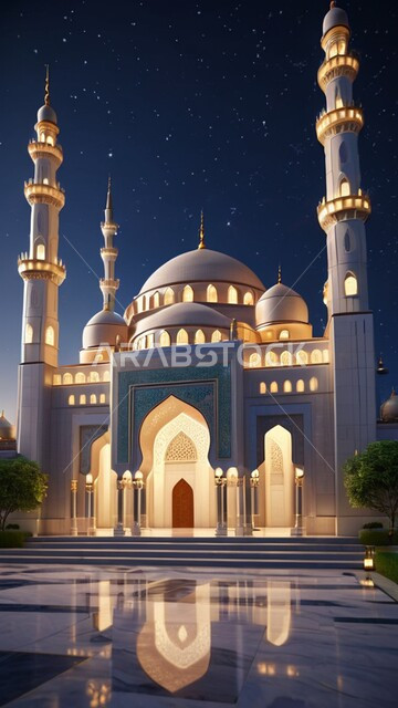 الديكورات والتصميمات المتميزة للمآذن والقبب المضيئة ليلا، النمو والتقدم العمراني على الطراز الاسلامي لبناء المساجد في المملكة العربية السعودية, نداء المسلمين لأداء الفرائض والصلوات والتقرب إلى الله، المعالم والأماكن الدينية المقدسة