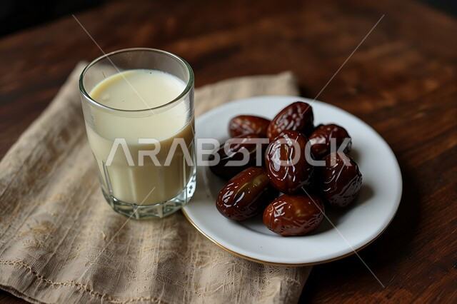 جودة منتجات التمر السعودي المحلي, إفطار الصائم في رمضان واتباع سنة رسول الله, التمر السكري الصحي بجانب كأس من الحليب البارد, وجبة خفيفة وصحية ذات قيمة غذائية