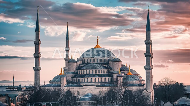 مشهد السماء في وقت غروب الشمس، العبادة والتقرب إلى الله تعالى، قبب ومآذن المساجد على الطراز الاسلامي، الديكورات والتصاميم الهندسية الدينية المتميزة، نداء المسلمين لأداء الفرائض والصلوات