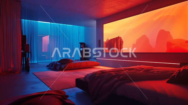 ديكورات داخليه متميزة لغرف الجلوس مع أضواء نيون مختلفة, غرفة معيشة بتصاميم حديثه، أثاث منزلي راقي، تصميمات عصرية فاخرة، شقق وفلل سكنية, فنادق ومنتجعات فاخره، إعداد مسرح منزلي مريح