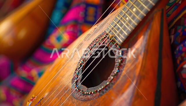 جلسة وناسة وطرب، مواهب فنية طربية، صورة لمجموعة من الآلات الموسيقية السعودية التقليدية المشهورة على بساط شعبي، الاستمتاع بالعزف على الاّلات الوترية الكلاسيكة، مفهوم احياء التراث الموسيقي والثقافي