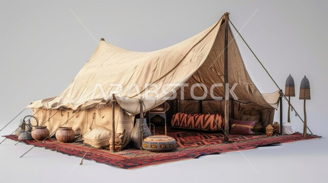 الديكور الداخلي للخيم التقليدية, الحياة البرية التراثية القديمة في السعودية, التصميم التراثي السعودي, كشتة بر و جلسة شبابية, خيمة بدوية شعبية, خلفية رمادية