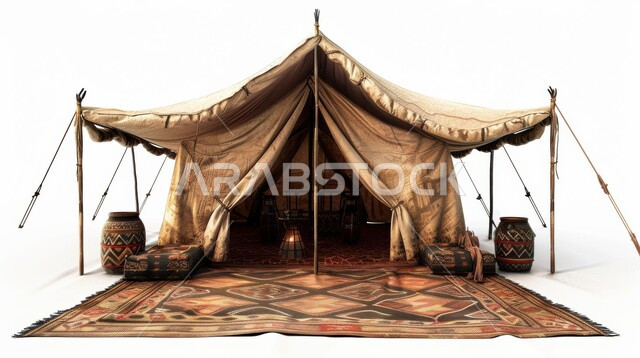 Kashta Bar and youth session, popular Bedouin tent, interior decoration of traditional tents, ancient heritage wildlife in Saudi Arabia, Saudi heritage design, white background