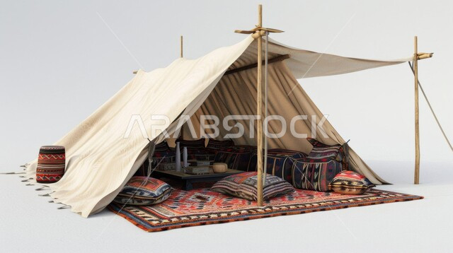 Saudi heritage design, desert outing and youth session, popular Bedouin tent, interior decoration of traditional tents, ancient heritage wildlife in Saudi Arabia, gray background