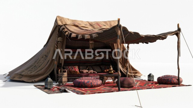 كشتة بر و جلسة شبابية، خيمة بدوية شعبية,  الديكور الداخلي للخيم التقليدية, الحياة البرية التراثية القديمة في السعودية, التصميم التراثي السعودي, خلفية بيضاء