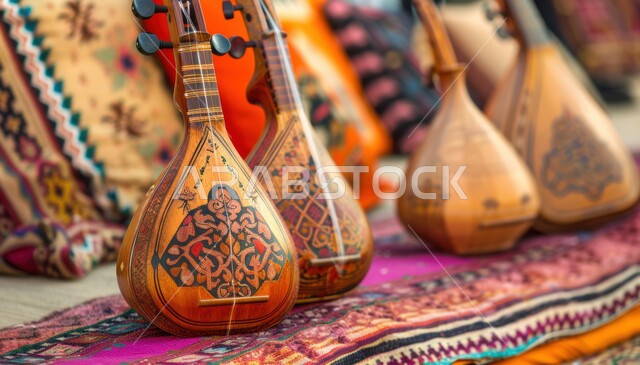 Artistic musical talents, sitting, singing and singing, a picture of a group of famous traditional Saudi musical instruments on a popular rug, enjoying playing classical stringed instruments, the concept of reviving musical and cultural heritage.