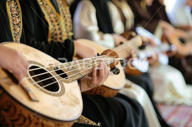 مواهب فنية طربية، جلسة وناسة وطرب، صورة لمجموعة من الآلات الموسيقية السعودية التقليدية المشهورة على بساط شعبي، الاستمتاع بالعزف على الاّلات الوترية الكلاسيكة، مفهوم احياء التراث الموسيقي والثقافي