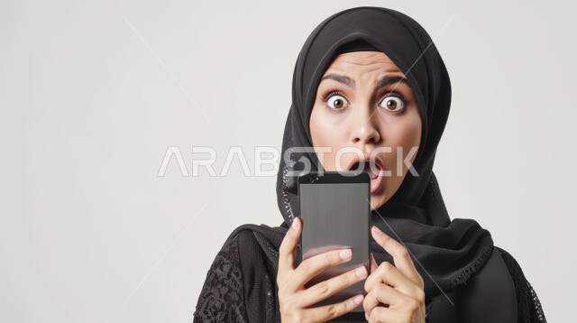 تعابير الاستغراب والاندهاش، مشاهدة الأخبار المفاجئة والصادمة عبر الجوال, بورتريه مقرب لإمرأة عربية خليجية سعودية محجبة ترتدي العباءة تنظر الى الكاميرا تقوم بإستخدام الهاتف المحمول، استخدام التقنيات والأجهزة الحديثة، خلفية بيضاء