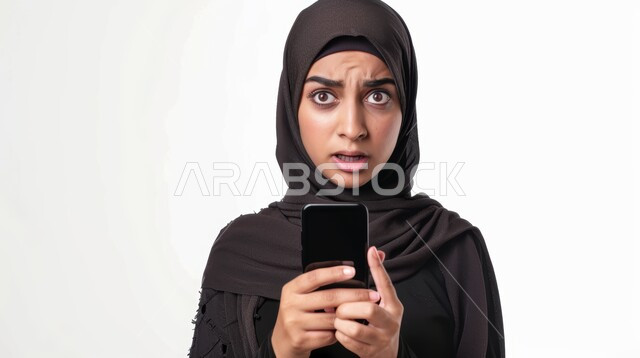 Expressions of surprise and astonishment, watching sudden and shocking news via mobile, close-up portrait of a veiled Saudi Arabian Gulf woman wearing an abaya looking at the camera using a mobile phone, using modern technologies and devices, white background
