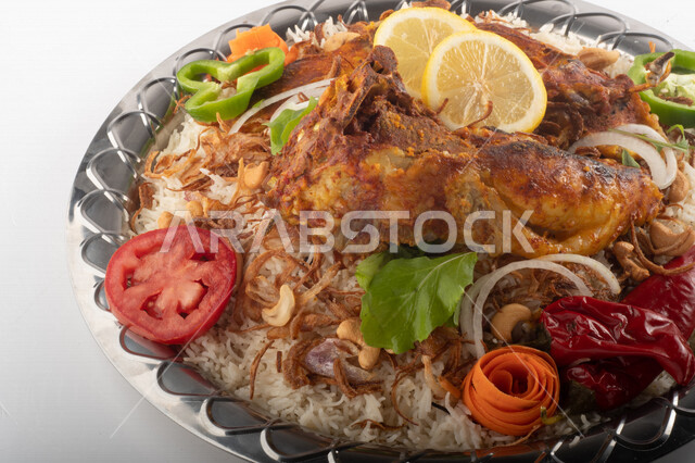 طبق أرز شعبي مع اللحم المبهر مجهز في المطبخ السعودي ، ذبيحة اللحم , طعام شعبي سعودي , طبق سعودي تقليدي مزين ، مطبخ سعودي تقليدي جاهز ، خلفية بيضاء