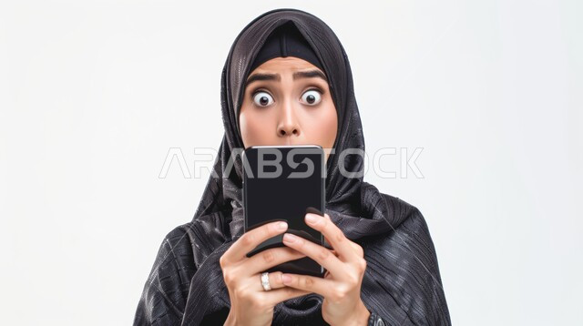 تعابير الاستغراب والاندهاش، مشاهدة الأخبار المفاجئة والصادمة عبر الجوال, بورتريه مقرب لإمرأة عربية خليجية سعودية محجبة ترتدي العباءة تنظر الى الكاميرا تقوم بإستخدام الهاتف المحمول، استخدام التقنيات والأجهزة الحديثة، خلفية بيضاء