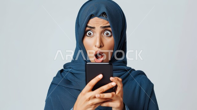 مشاهدة الأخبار المفاجئة والصادمة عبر الجوال, تعابير الاستغراب والاندهاش، بورتريه مقرب لإمرأة عربية خليجية سعودية محجبة ترتدي العباءة تقوم بإستخدام الهاتف المحمول، استخدام التقنيات والأجهزة الحديثة، خلفية رمادية