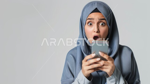 مشاهدة الأخبار المفاجئة والصادمة عبر الجوال, تعابير الاستغراب والاندهاش، بورتريه مقرب لإمرأة عربية خليجية سعودية محجبة ترتدي العباءة تقوم بإستخدام الهاتف المحمول، استخدام التقنيات والأجهزة الحديثة، خلفية رمادية