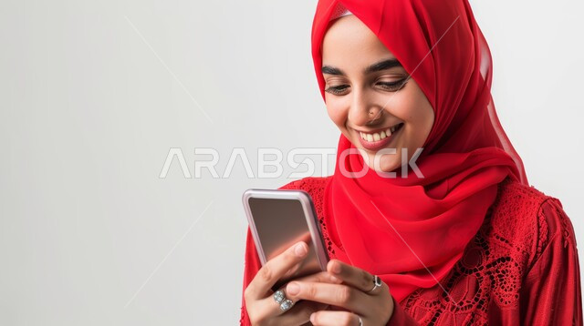 إيماءات السعادة والسرور، استخدام الاجهزة التقنية الحديثة، بورتريه مقرب لامرأة عربية خليجية سعودية محجبة تحمل بيدها الهاتف المحمول تقوم بتصفح وسائل التواصل الاجتماعي، الدردشة مع الأهل والأصدقاء، خلفية رمادية