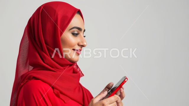 إيماءات السعادة والسرور، استخدام الاجهزة التقنية الحديثة، بورتريه مقرب لامرأة عربية خليجية سعودية محجبة تحمل بيدها الهاتف المحمول تقوم بتصفح وسائل التواصل الاجتماعي، الدردشة مع الأهل والأصدقاء، خلفية رمادية