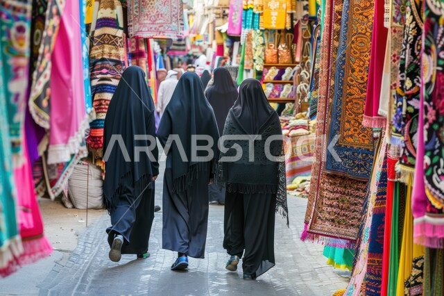 مجموعة نساء عرب خليجيين داخل محل لبيع الأقمشة في السوق، الأسواق الشعبية القديمة, العباءة الخليجية المعاصرة، الموضة والأناقة البسيطة، التسوق في المملكة 