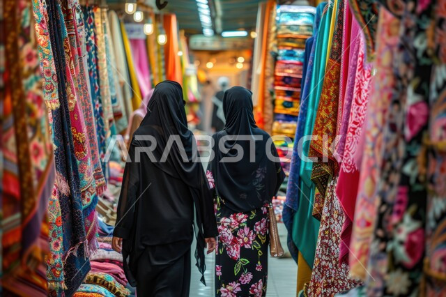 مجموعة نساء عرب خليجيين داخل محل لبيع الأقمشة في السوق، الأسواق الشعبية القديمة, العباءة الخليجية المعاصرة، الموضة والأناقة البسيطة، التسوق في المملكة 