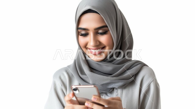 الدردشة مع الأهل والأصدقاء، إيماءات السعادة والسرور، استخدام الاجهزة التقنية الحديثة، بورتريه مقرب لامرأة عربية خليجية سعودية محجبة تحمل بيدها الهاتف المحمول تقوم بتصفح وسائل التواصل الاجتماعي، خلفية بيضاء