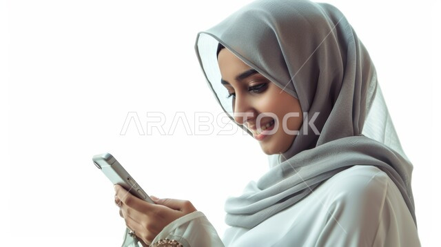 الدردشة مع الأهل والأصدقاء، إيماءات السعادة والسرور، استخدام الاجهزة التقنية الحديثة، بورتريه مقرب لامرأة عربية خليجية سعودية محجبة تحمل بيدها الهاتف المحمول تقوم بتصفح وسائل التواصل الاجتماعي، خلفية بيضاء