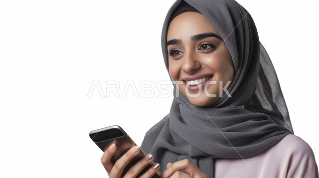 Chatting with family and friends, gestures of happiness and pleasure, using modern technical devices, close-up portrait of a veiled Saudi Arabian Gulf woman holding a mobile phone in her hand browsing social media, white background