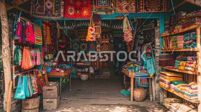 الفن التراثي الحرفي التقليدي ، منتجات محليه وطنيه متميزه، التطريز الشعبي على الاقمشه الملونه في أسواق المملكة العربية السعوديه، صورة مقربه لمنسوجات مع نقوش و زخارف نباتية