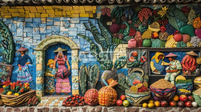 Nobility and traditional Saudi Arab Islamic civilization, colorful mosaic mural of rural life, artistic masterpieces, frames and wall frames