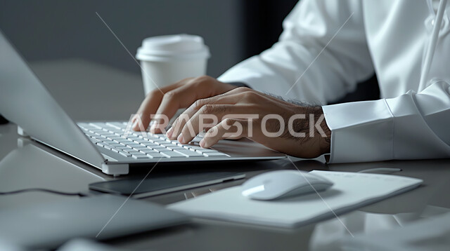 استخدام التقنيات والأجهزة الحديثة، صورة مقربة لأيدي موظف عربي إماراتي خليجي يرتدي الكندورة يكتب على لوحة المفاتيح في مكتب، العمل على جهاز اللابتوب المحمول، دمج العمل بالتقنية والتكنولوجيا في الإمارات العربية المتحدة