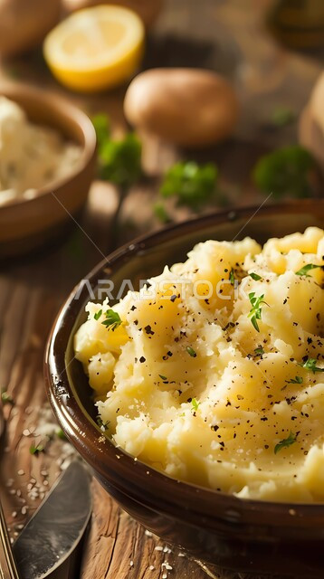 الأصناف العربية الشرقية الشهية, مطاعم و مطابخ المملكة العربية السعودية, المأكولات الصحية المفيدة, الأساليب الفنية في تقديم الطعام, بطاطس مهروسة كريمية مع الأعشاب الطازجة والفلفل