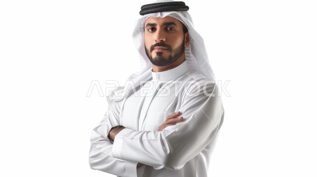 الوقوف باستقامة و أيدي متقاطعة, مفهوم الرجولة والأناقة, الاهتمام بالمظهر الخارجي, بورتريه مقرب لرجل عربي خليجي سعودي يرتدي الثوب التقليدي و الشماغ ينظر إلى الكاميرا بإيماءات الثقة بالنفس, خلفية بيضاء