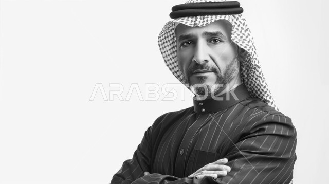 مفهوم الرجولة والأناقة, الاهتمام بالمظهر الخارجي, بورتريه مقرب لرجل عربي خليجي سعودي يرتدي الثوب التقليدي و الشماغ ينظر إلى الكاميرا بإيماءات الثقة بالنفس بأيدي متقاطعة, خلفية بيضاء