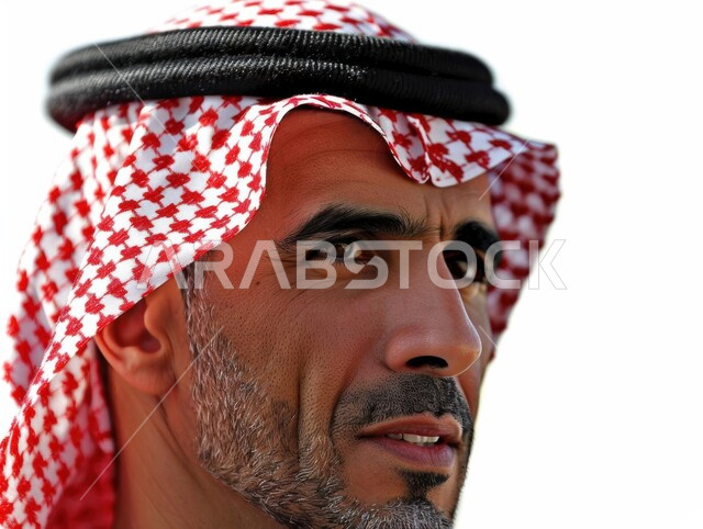 الاهتمام بالمظهر الخارجي، مفهوم الرجولة والأناقة،, بورتريه مقرب لرجل عربي خليجي سعودي يرتدي الثوب التقليدي و الشماغ ينظر إلى شيء ما, خلفية بيضاء
