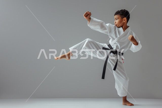تطبيق حركات الكاتا, بورتريه لطفل عربي خليجي سعودي يمارس رياضة الكاراتيه اليابانية, زي الكاراتيه الأبيض مع الحزام الأسود، فنون الدفاع عن النفس، التدرب على حركات قتالية خاصة، صورة الجسم بالطول الكامل, خلفية رمادية
