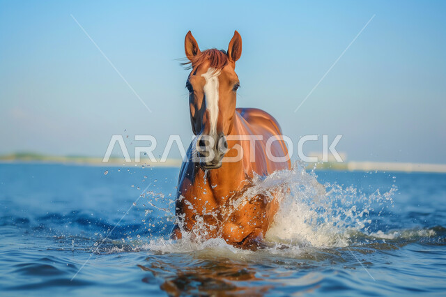 فرس عربي بني أصيل يجري في مياه البحر في وقت النهار، المناظر الطبيعية للواجهات البحرية، تربية وتدريب الخيول في المملكة العربية السعودية، الاهتمام والعناية بالحيوانات