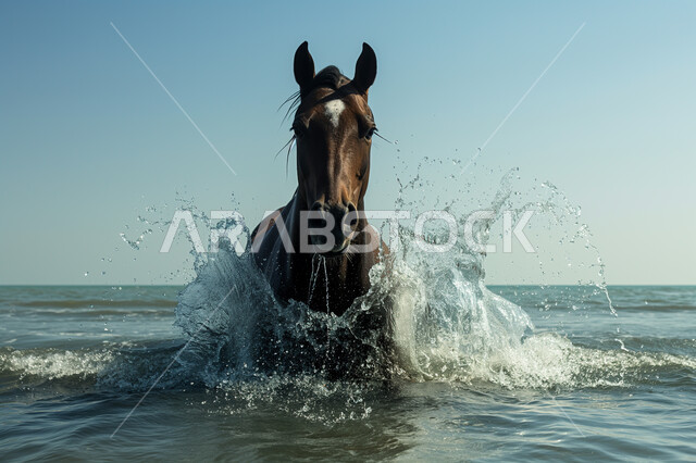 فرس عربي بني أصيل يجري في مياه البحر في وقت النهار، المناظر الطبيعية للواجهات البحرية، تربية وتدريب الخيول في المملكة العربية السعودية، الاهتمام والعناية بالحيوانات